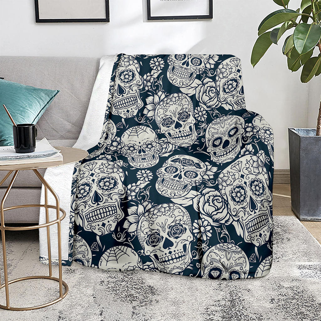 White Floral Sugar Skull Pattern Print Blanket