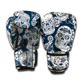 White Floral Sugar Skull Pattern Print Boxing Gloves