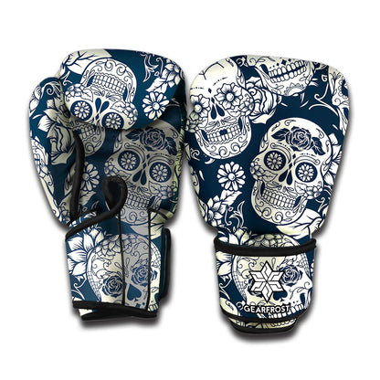 White Floral Sugar Skull Pattern Print Boxing Gloves