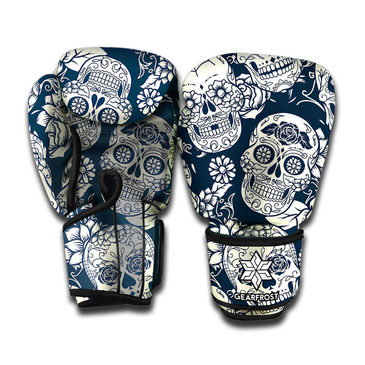 White Floral Sugar Skull Pattern Print Boxing Gloves