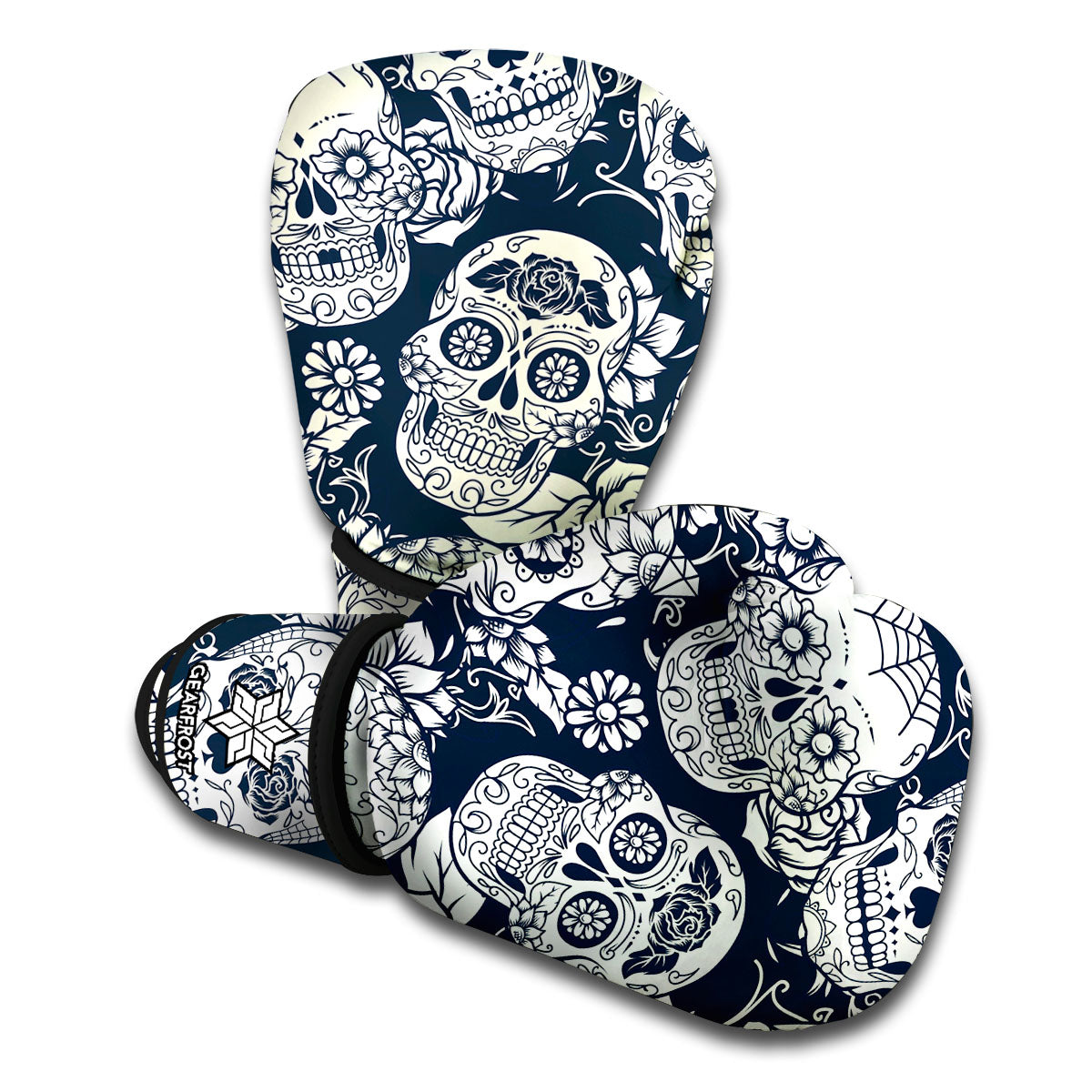 White Floral Sugar Skull Pattern Print Boxing Gloves