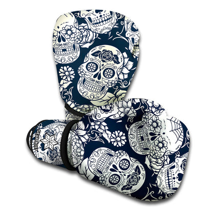 White Floral Sugar Skull Pattern Print Boxing Gloves