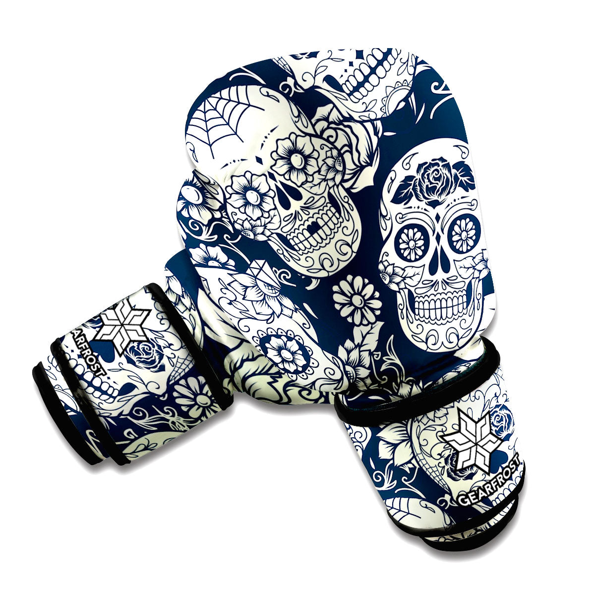 White Floral Sugar Skull Pattern Print Boxing Gloves