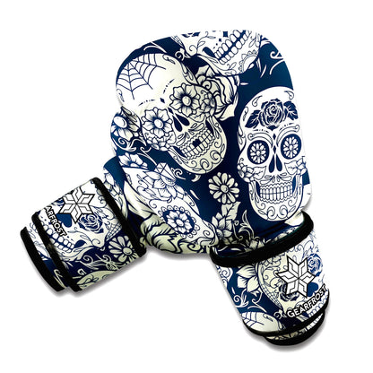White Floral Sugar Skull Pattern Print Boxing Gloves