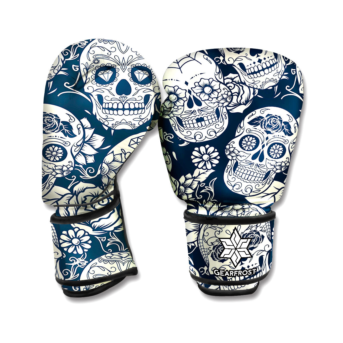 White Floral Sugar Skull Pattern Print Boxing Gloves