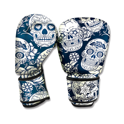 White Floral Sugar Skull Pattern Print Boxing Gloves