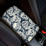 White Floral Sugar Skull Pattern Print Car Center Console Cover