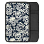 White Floral Sugar Skull Pattern Print Car Center Console Cover
