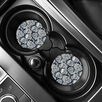 White Floral Sugar Skull Pattern Print Car Coasters