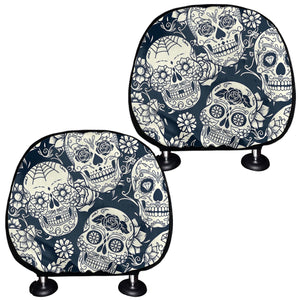 White Floral Sugar Skull Pattern Print Car Headrest Covers