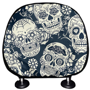 White Floral Sugar Skull Pattern Print Car Headrest Covers