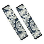 White Floral Sugar Skull Pattern Print Car Seat Belt Covers