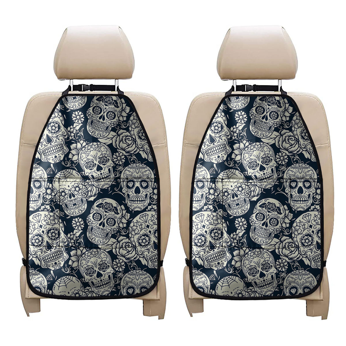 White Floral Sugar Skull Pattern Print Car Seat Organizers