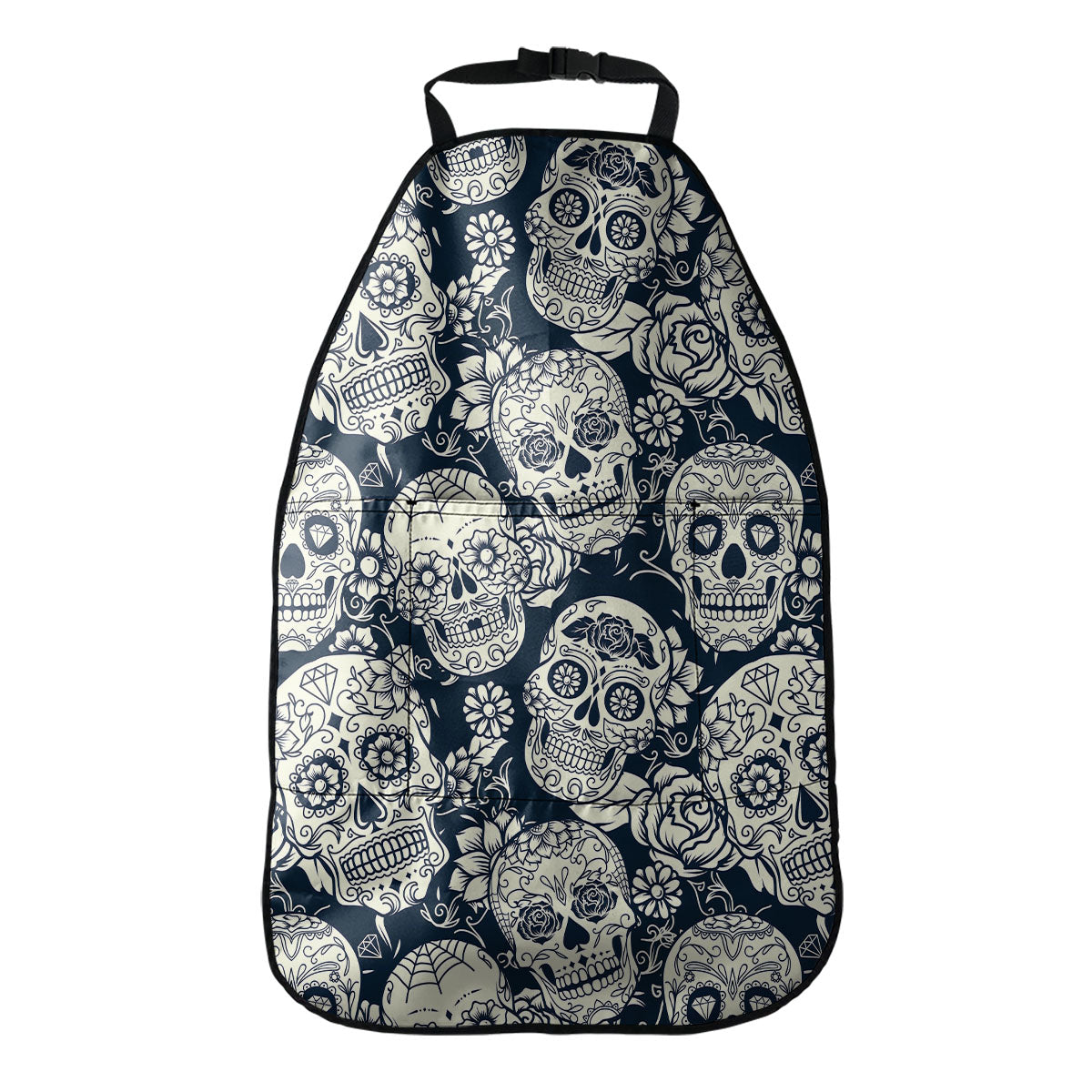 White Floral Sugar Skull Pattern Print Car Seat Organizers