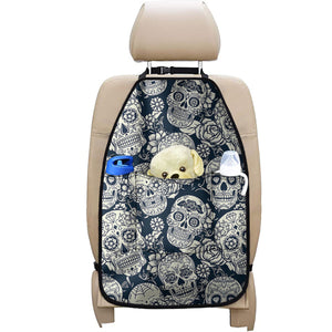 White Floral Sugar Skull Pattern Print Car Seat Organizers