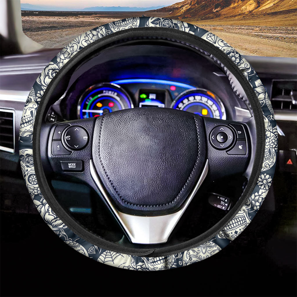 White Floral Sugar Skull Pattern Print Car Steering Wheel Cover