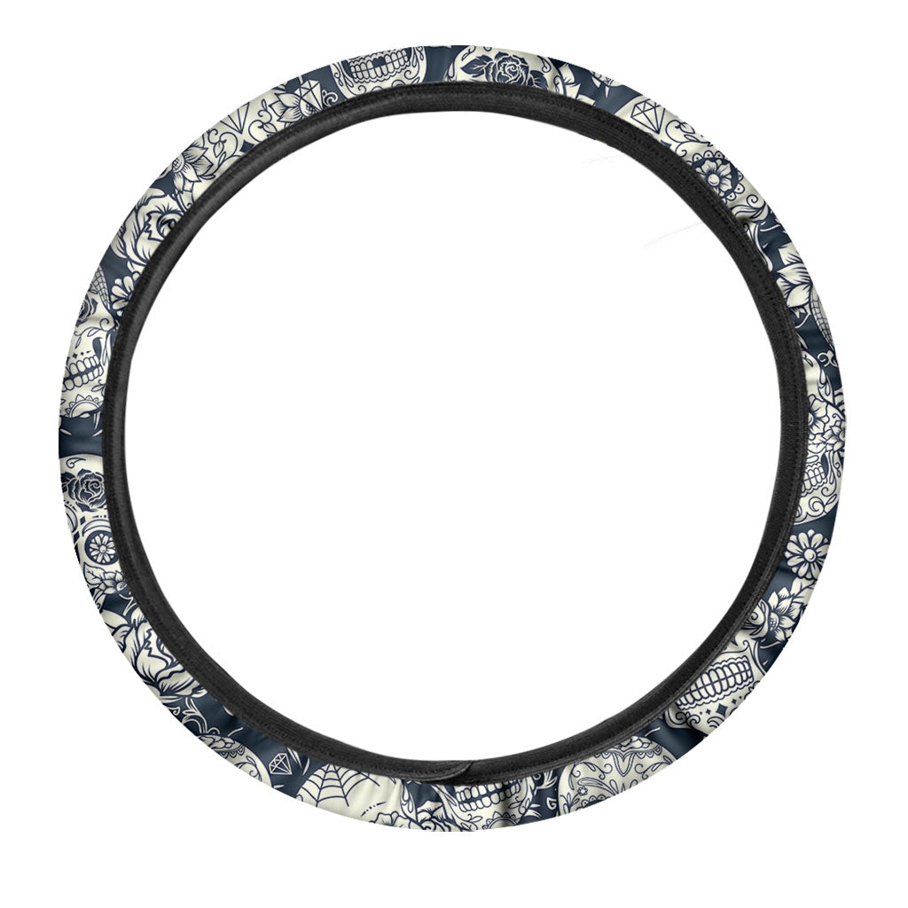 White Floral Sugar Skull Pattern Print Car Steering Wheel Cover