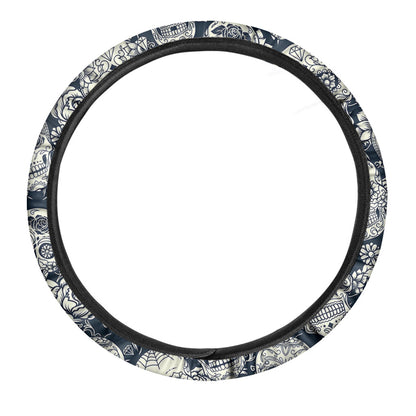 White Floral Sugar Skull Pattern Print Car Steering Wheel Cover