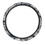 White Floral Sugar Skull Pattern Print Car Steering Wheel Cover