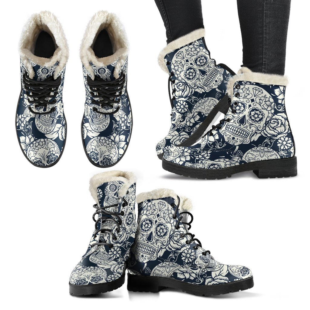 White Floral Sugar Skull Pattern Print Comfy Boots GearFrost