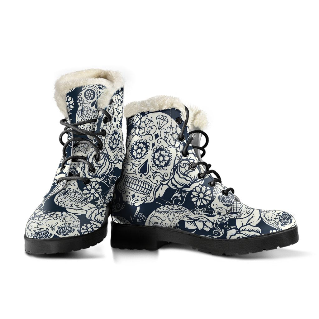 White Floral Sugar Skull Pattern Print Comfy Boots GearFrost