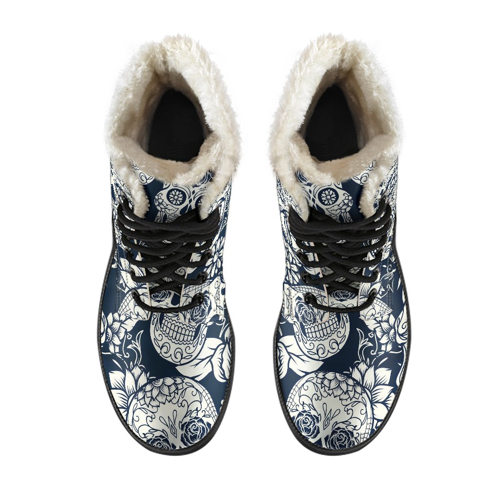 White Floral Sugar Skull Pattern Print Comfy Boots GearFrost
