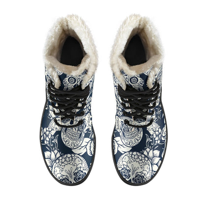 White Floral Sugar Skull Pattern Print Comfy Boots GearFrost