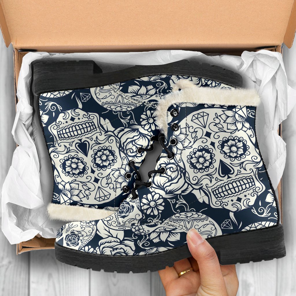 White Floral Sugar Skull Pattern Print Comfy Boots GearFrost