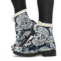 White Floral Sugar Skull Pattern Print Faux Fur Leather Boots