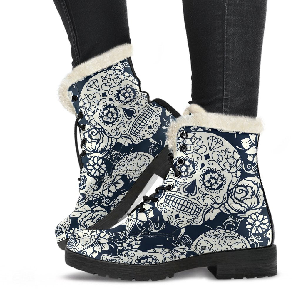 White Floral Sugar Skull Pattern Print Comfy Boots GearFrost