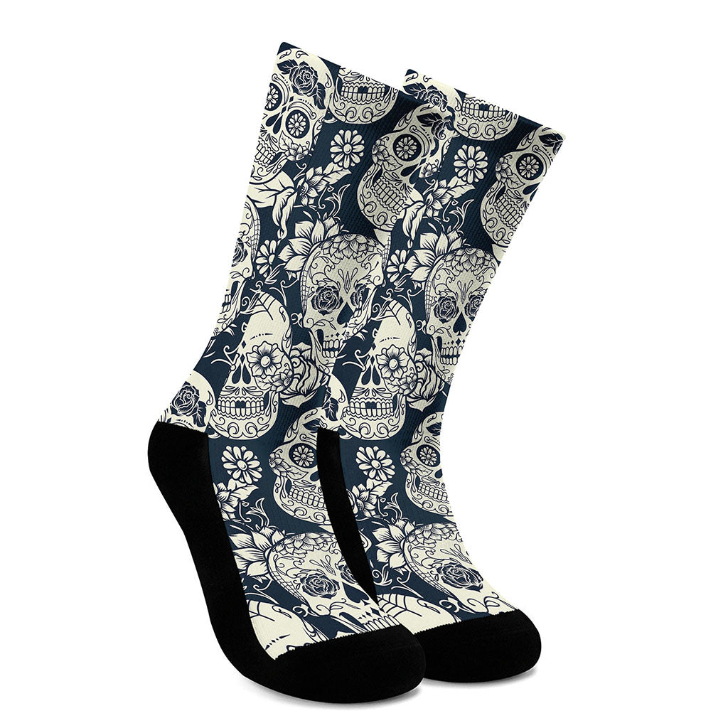 White Floral Sugar Skull Pattern Print Crew Socks