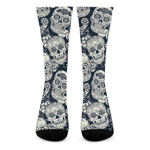 White Floral Sugar Skull Pattern Print Crew Socks