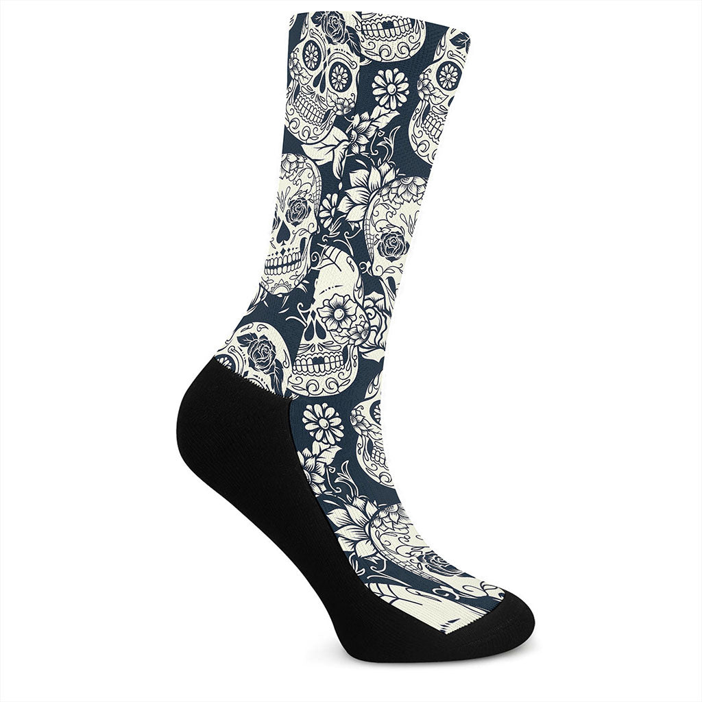 White Floral Sugar Skull Pattern Print Crew Socks