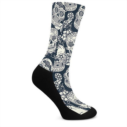 White Floral Sugar Skull Pattern Print Crew Socks