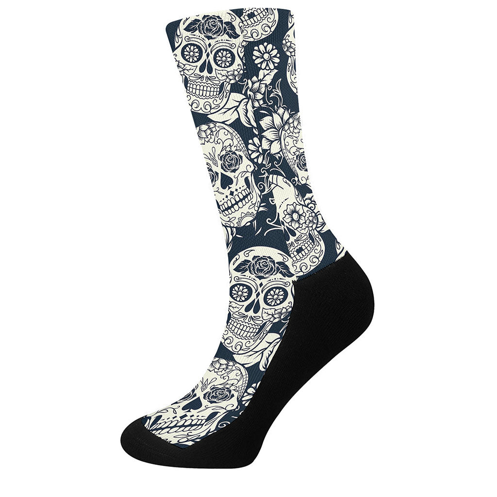 White Floral Sugar Skull Pattern Print Crew Socks