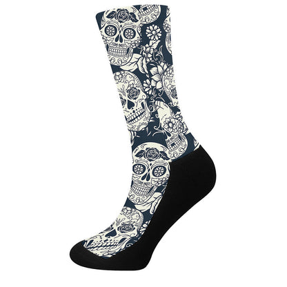 White Floral Sugar Skull Pattern Print Crew Socks