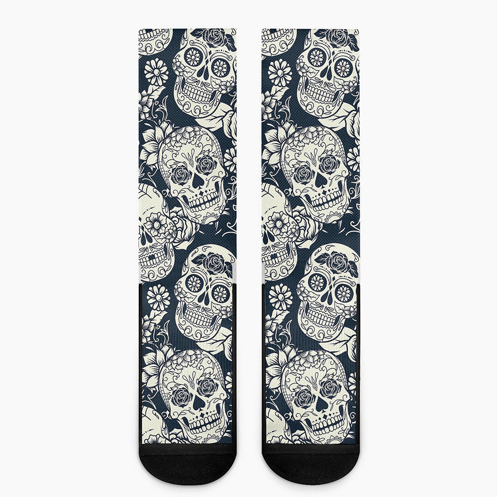 White Floral Sugar Skull Pattern Print Crew Socks