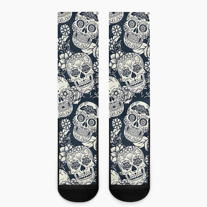 White Floral Sugar Skull Pattern Print Crew Socks
