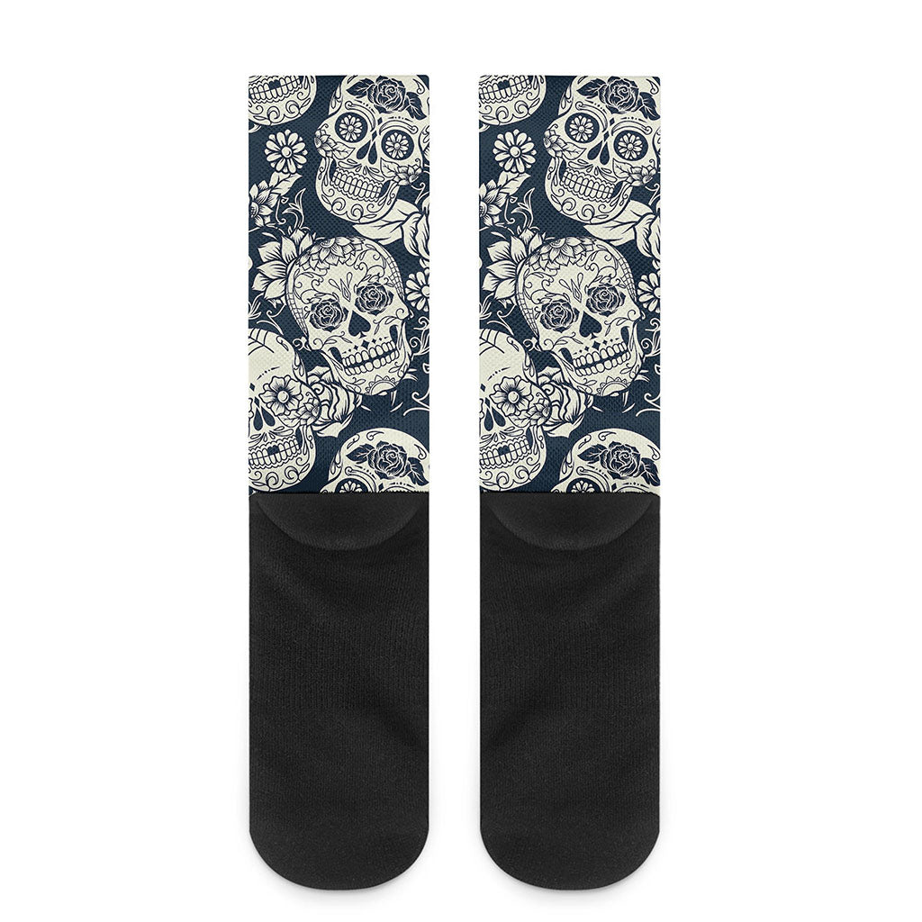 White Floral Sugar Skull Pattern Print Crew Socks