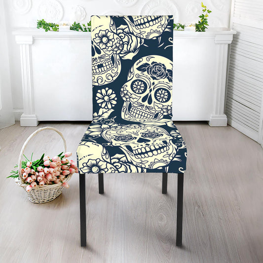 White Floral Sugar Skull Pattern Print Dining Chair Slipcover