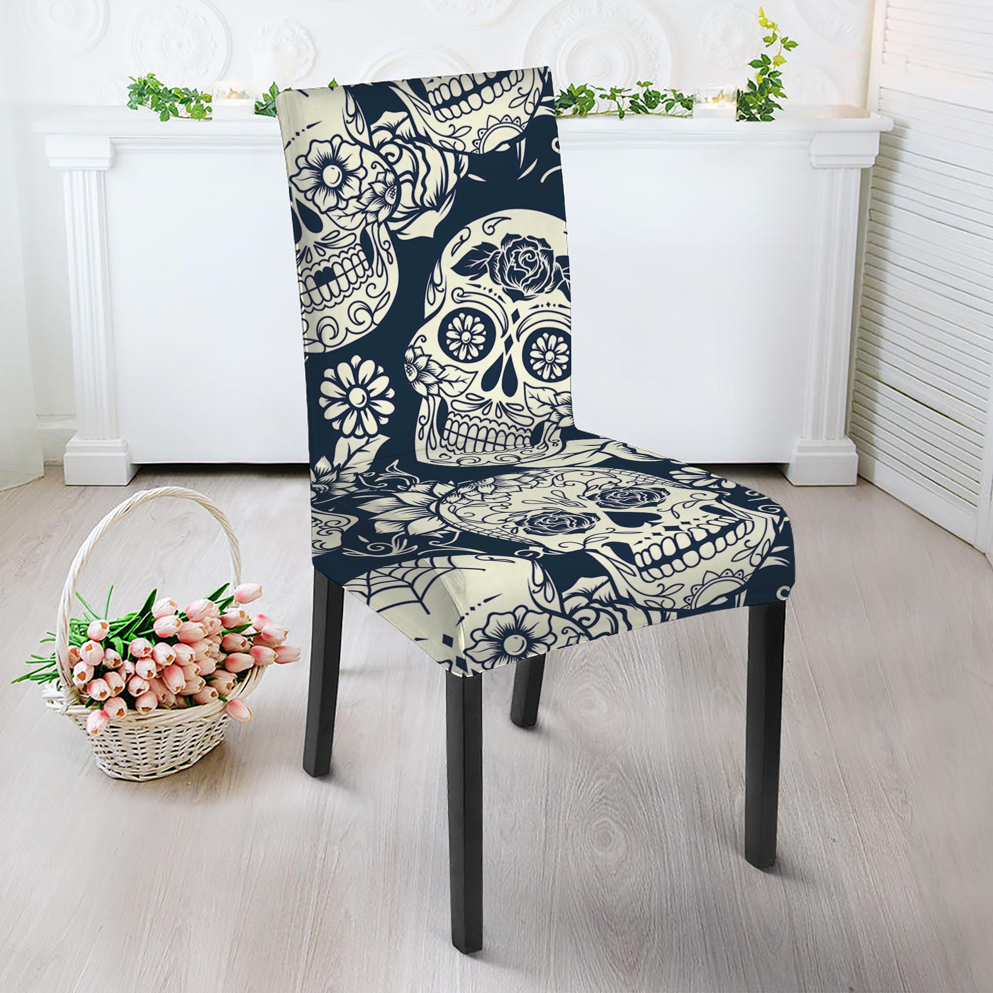 White Floral Sugar Skull Pattern Print Dining Chair Slipcover