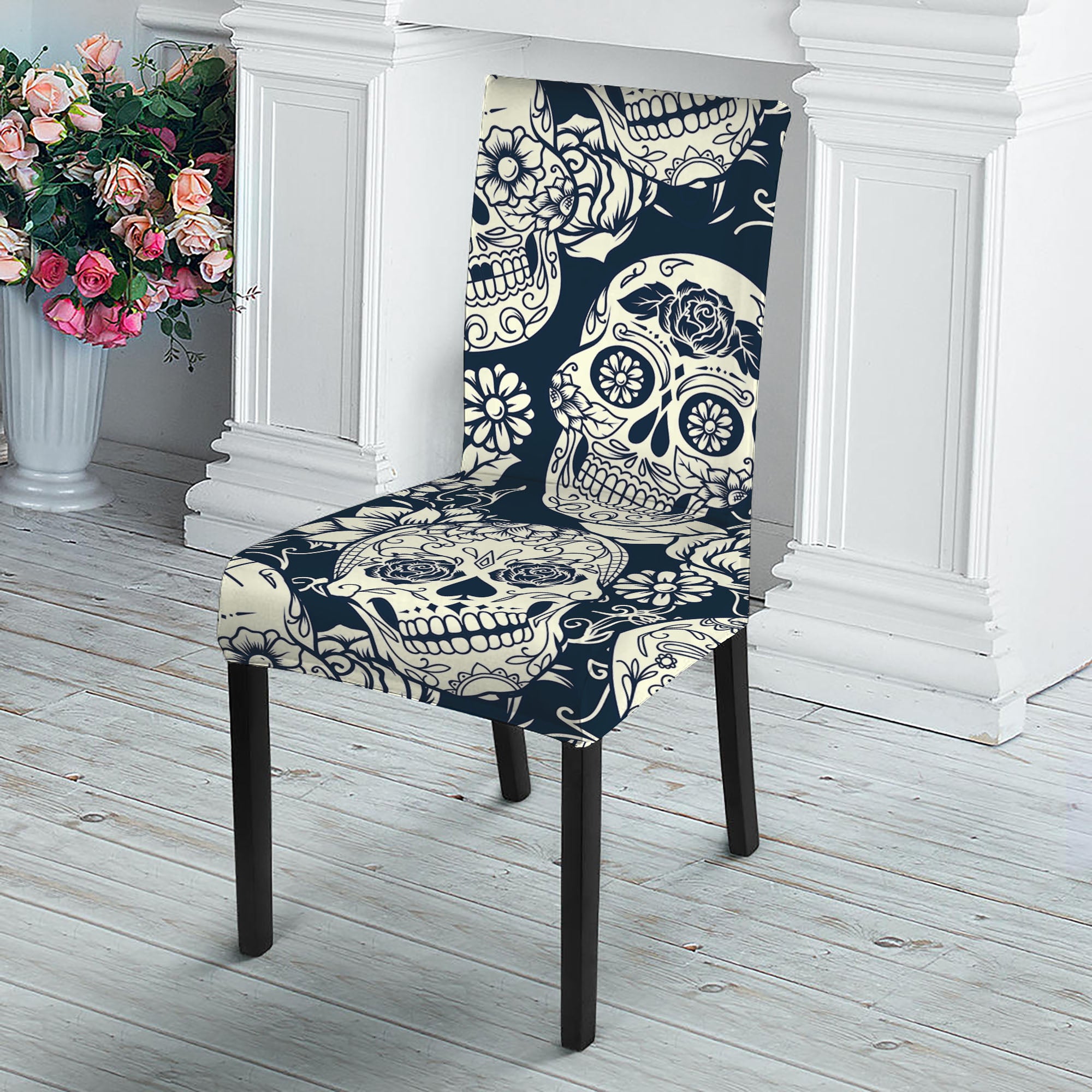 White Floral Sugar Skull Pattern Print Dining Chair Slipcover