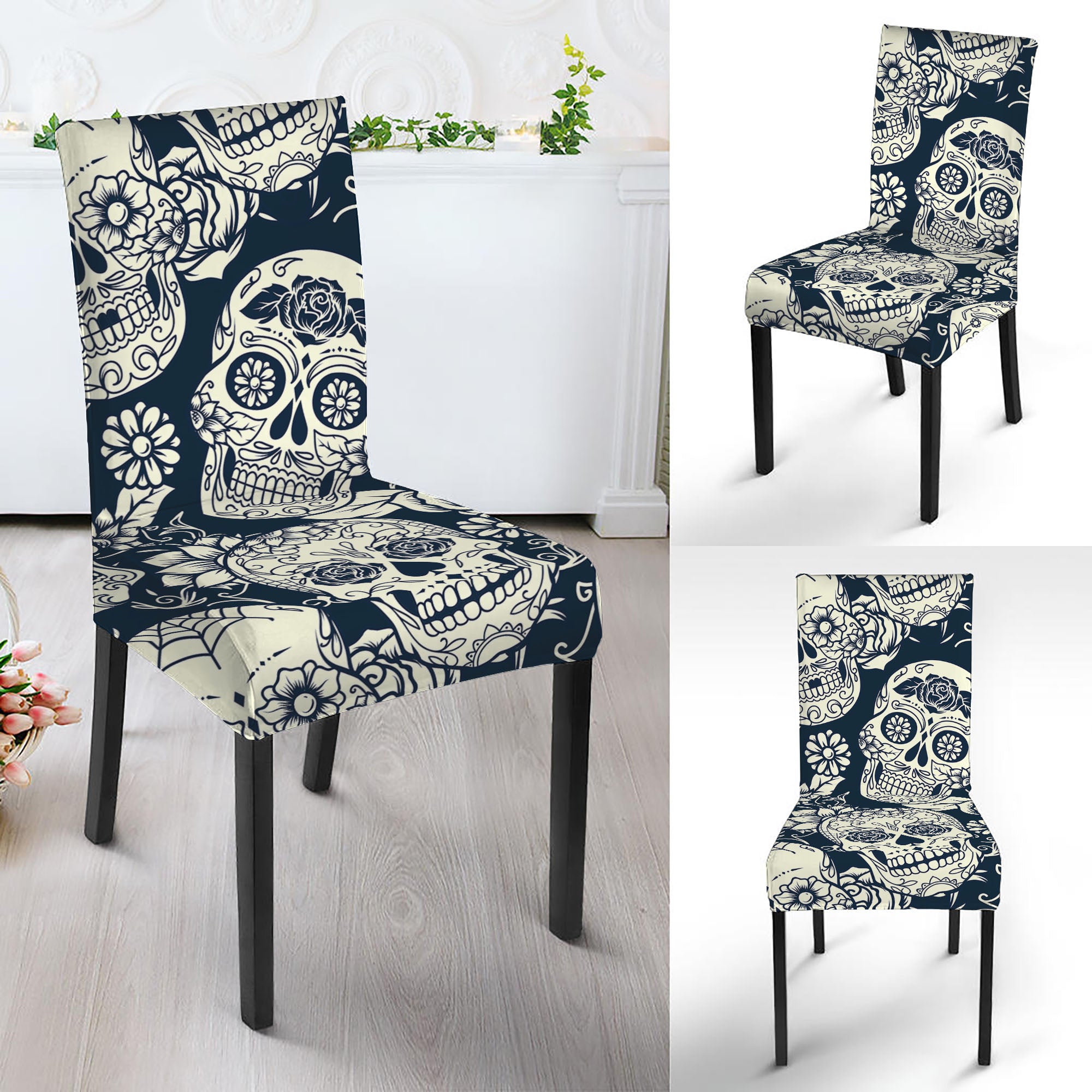 White Floral Sugar Skull Pattern Print Dining Chair Slipcover