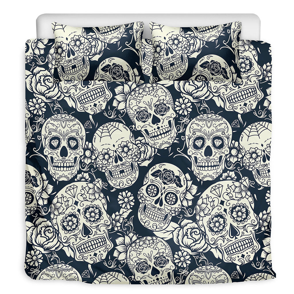 White Floral Sugar Skull Pattern Print Duvet Cover Bedding Set
