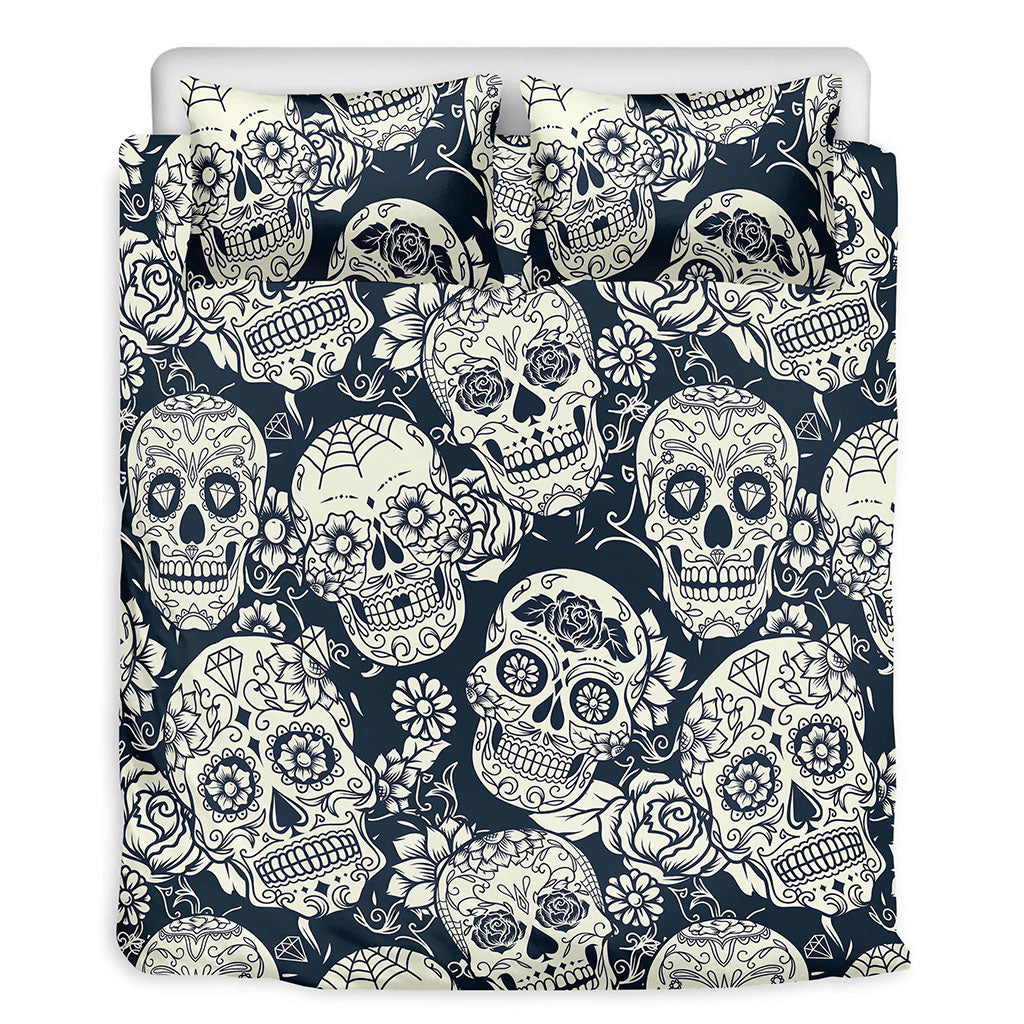 White Floral Sugar Skull Pattern Print Duvet Cover Bedding Set
