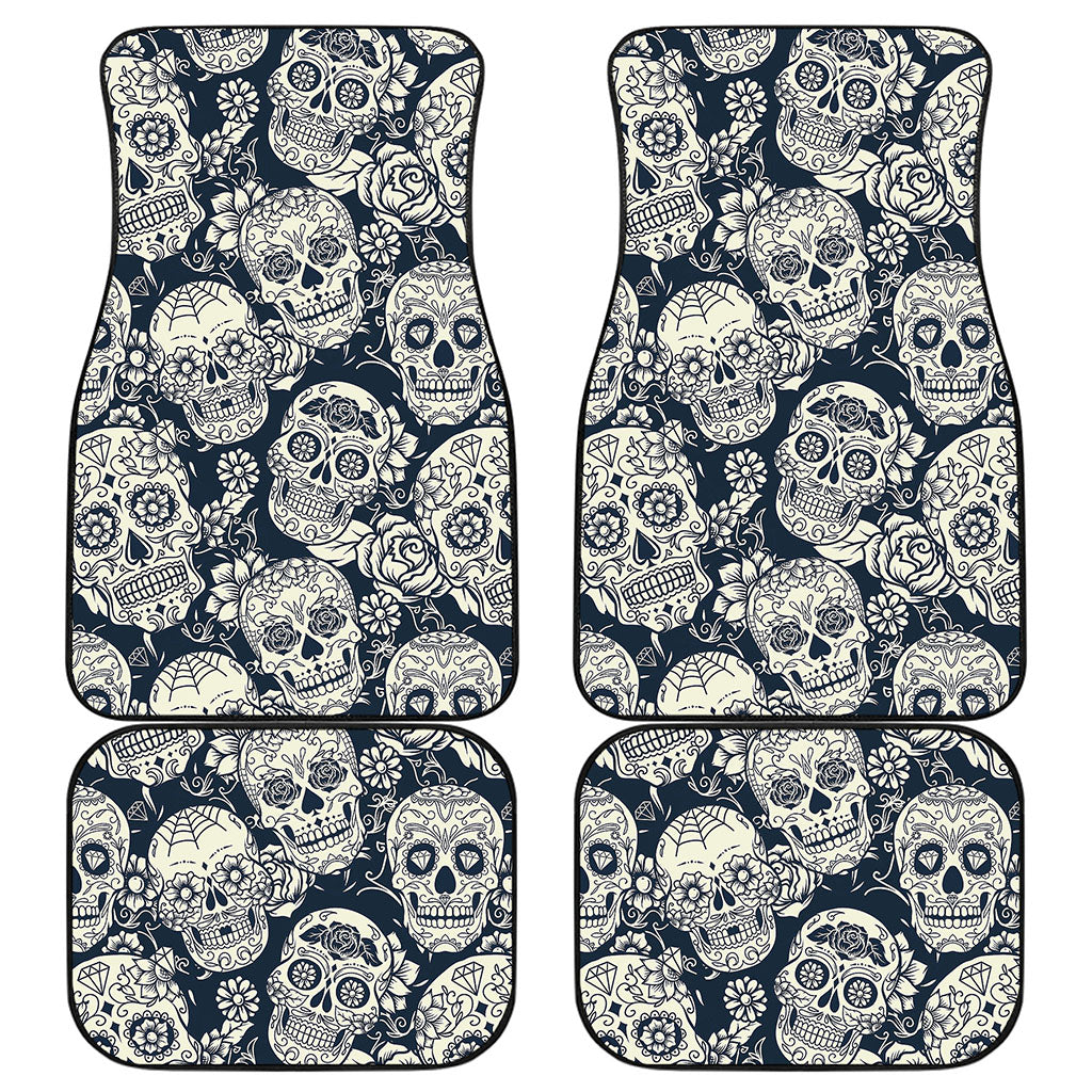 White Floral Sugar Skull Pattern Print Front and Back Car Floor Mats