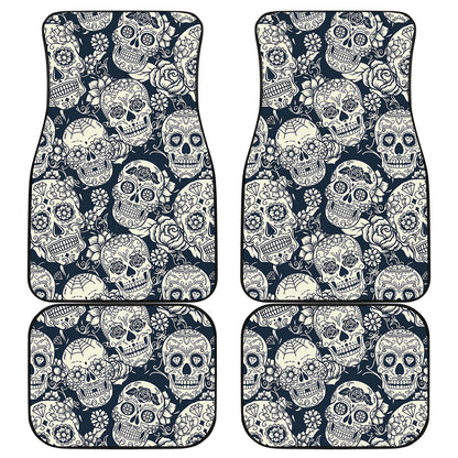 White Floral Sugar Skull Pattern Print Front and Back Car Floor Mats