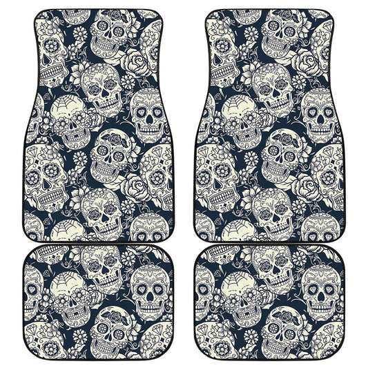White Floral Sugar Skull Pattern Print Front and Back Car Floor Mats
