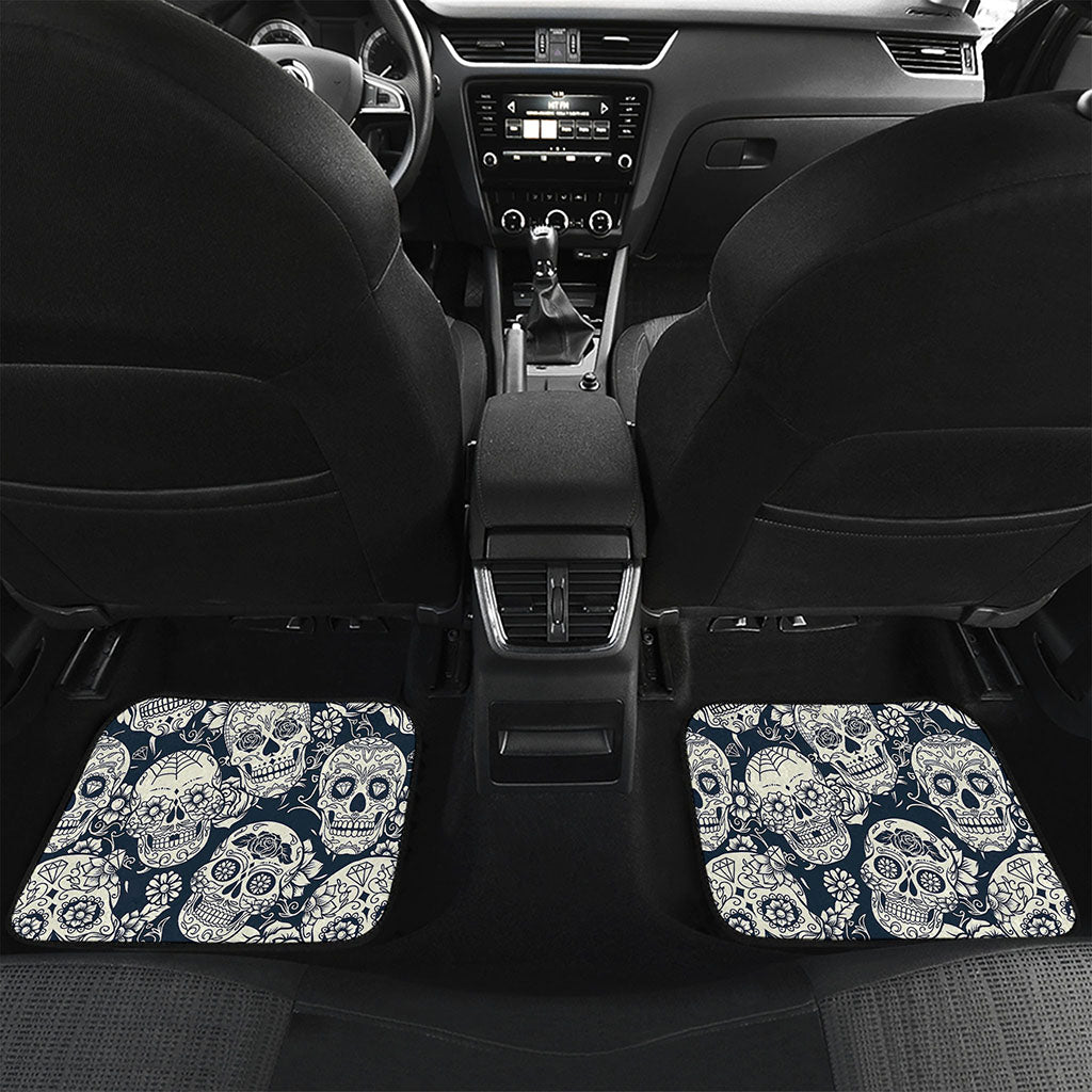 White Floral Sugar Skull Pattern Print Front and Back Car Floor Mats