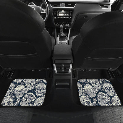 White Floral Sugar Skull Pattern Print Front and Back Car Floor Mats